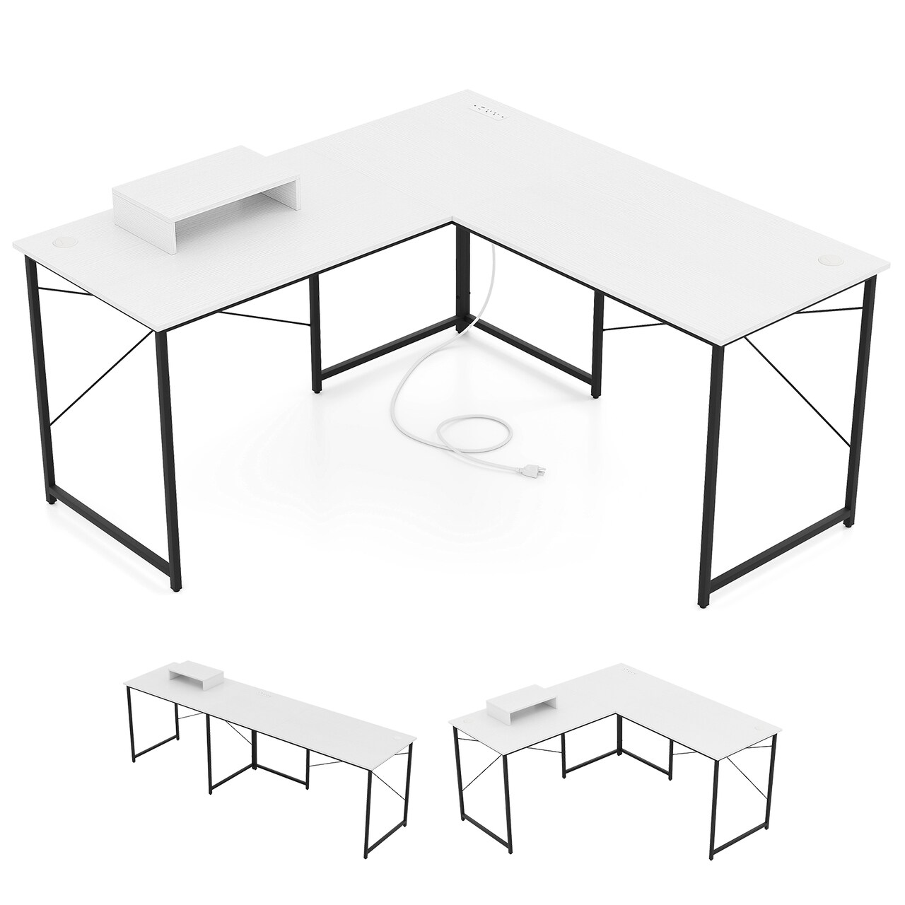 L Shaped Office Desk Convertible 95 Inch Computer Desk With Monitor Shelf Steel Frame Cable Management White